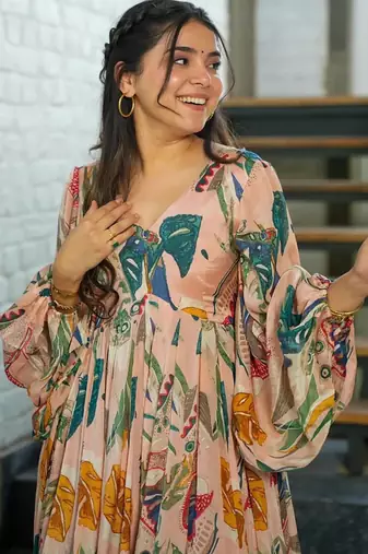 Multi color heavy air tex chinon silk digital print designer gown