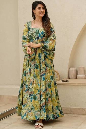Multi color heavy air tex chinon silk digital print designer gown