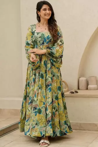 Multi color heavy air tex chinon silk digital print designer gown