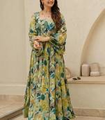 Multi color heavy air tex chinon silk digital print designer gown