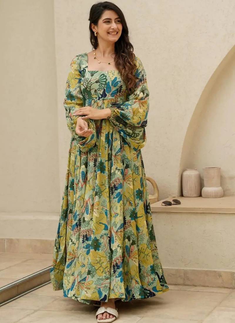 Multi color heavy air tex chinon silk digital print designer gown