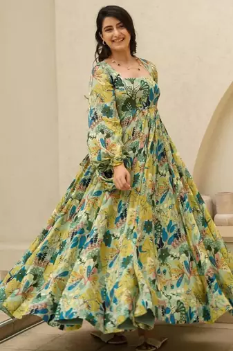 Multi color heavy air tex chinon silk digital print designer gown