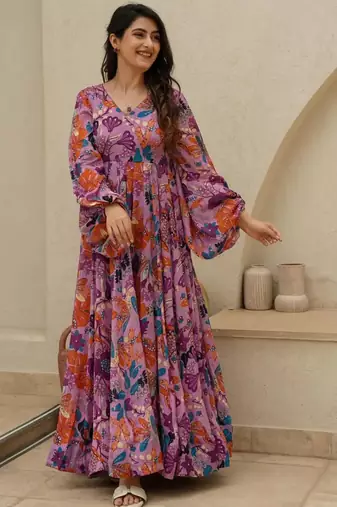 Multi color heavy air tex chinon silk digital print designer gown