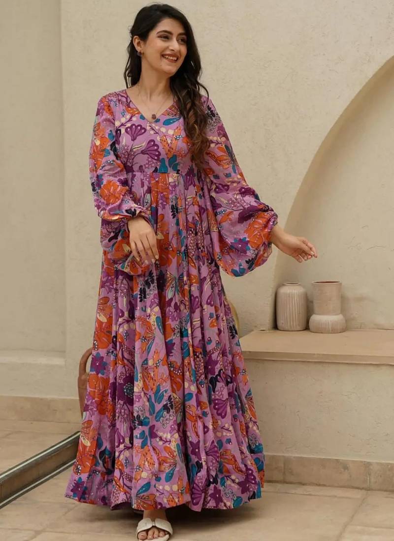 Multi color heavy air tex chinon silk digital print designer gown
