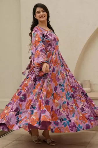Multi color heavy air tex chinon silk digital print designer gown