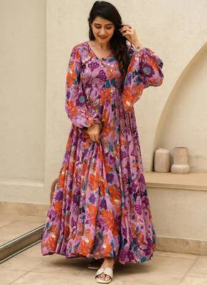 Multi color heavy air tex chinon silk digital print designer gown 3