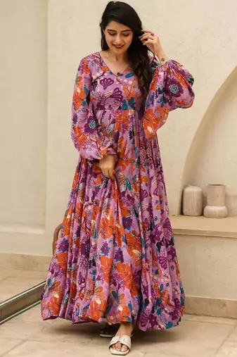 Multi color heavy air tex chinon silk digital print designer gown