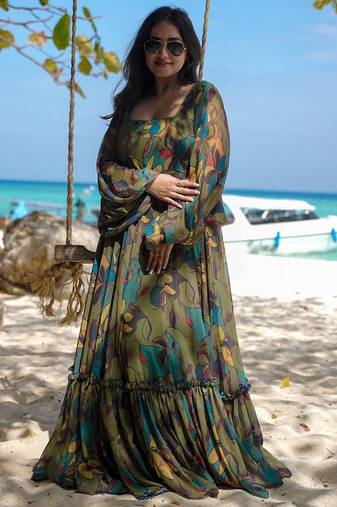 Multi color heavy air tex chinon silk digital print designer gown