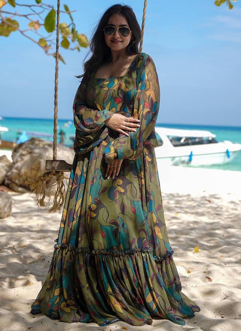 Multi color heavy air tex chinon silk digital print designer gown