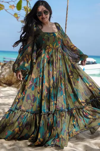 Multi color heavy air tex chinon silk digital print designer gown