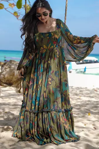 Multi color heavy air tex chinon silk digital print designer gown