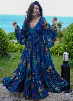 Multi color heavy air tex chinon silk digital print designer gown 1