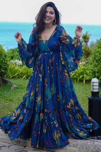 Multi color heavy air tex chinon silk digital print designer gown