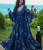 Multi color heavy air tex chinon silk digital print designer gown