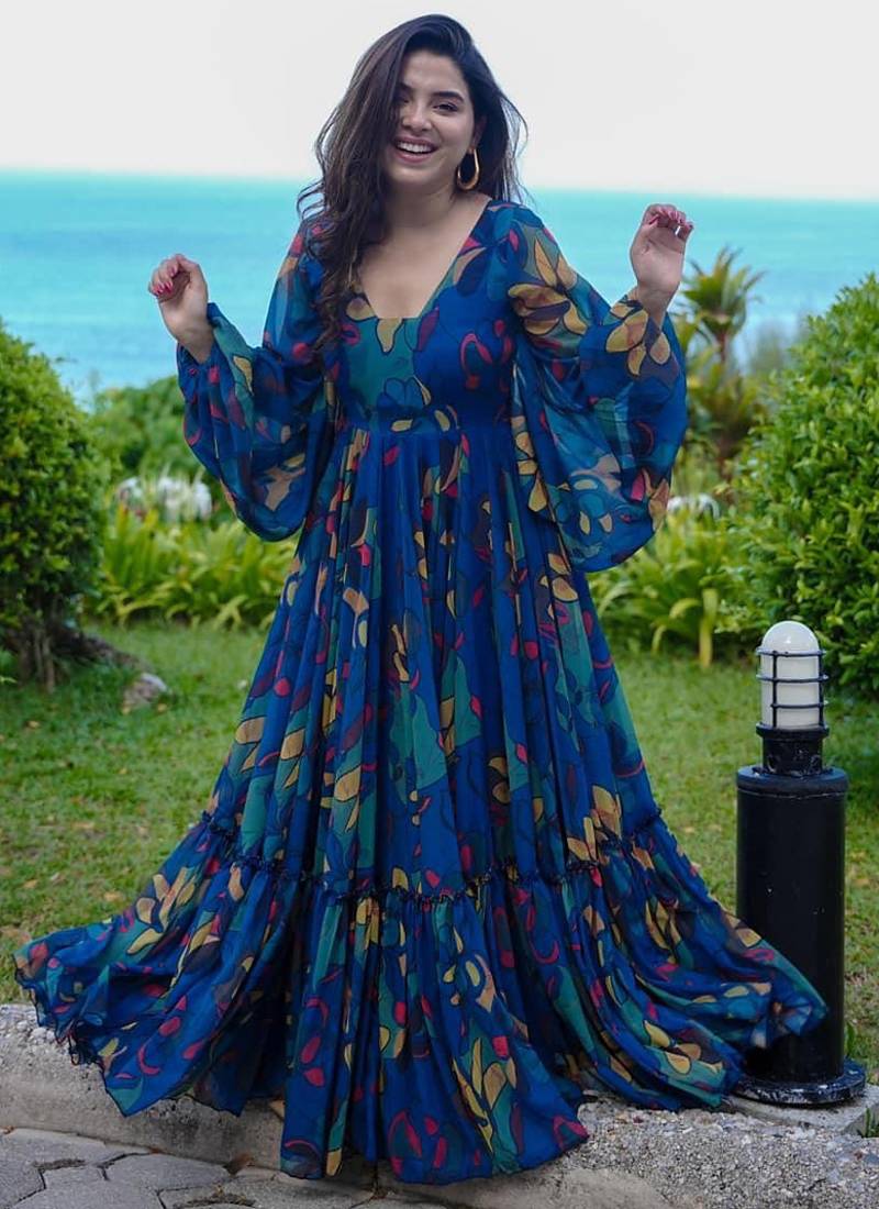 Multi color heavy air tex chinon silk digital print designer gown