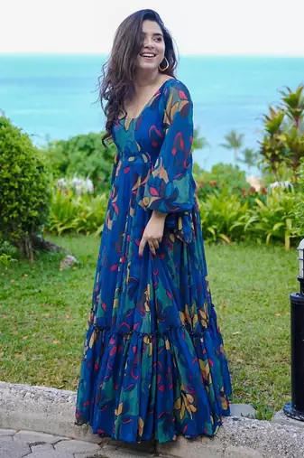Multi color heavy air tex chinon silk digital print designer gown