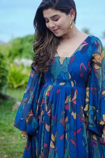 Multi color heavy air tex chinon silk digital print designer gown