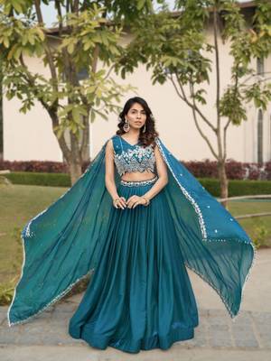 teal premium beads work art silk lehenga set for women 2