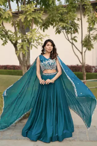 teal premium beads work art silk lehenga set for women