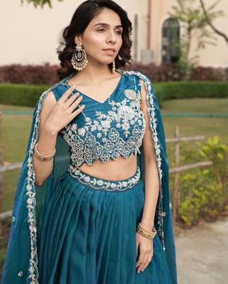 teal premium beads work art silk lehenga set for women 3