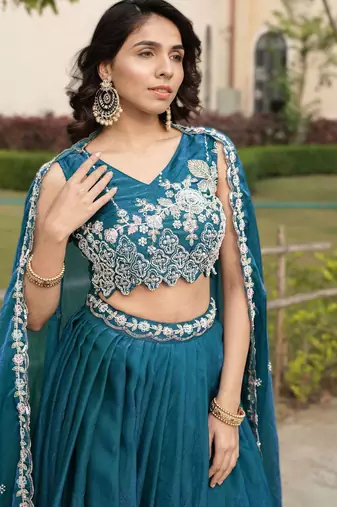 teal premium beads work art silk lehenga set for women