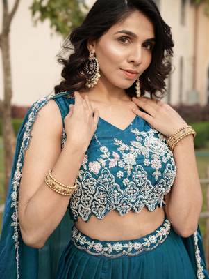 teal premium beads work art silk lehenga set for women 4