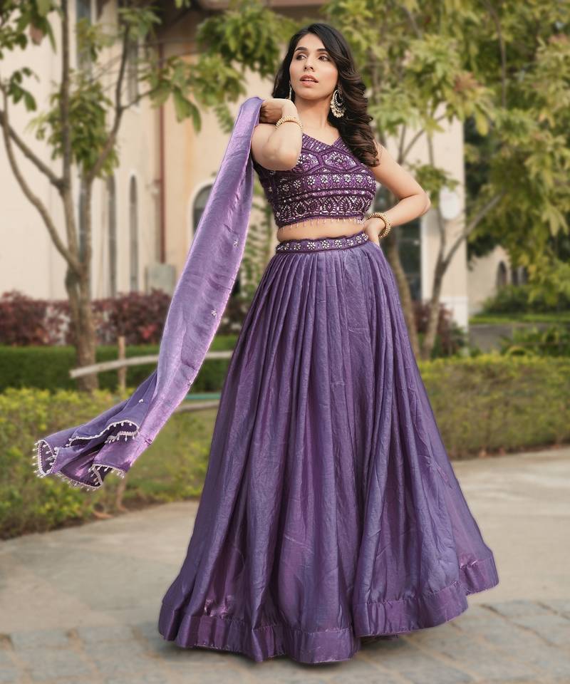 purple art silk festive lehenga with premium beads work