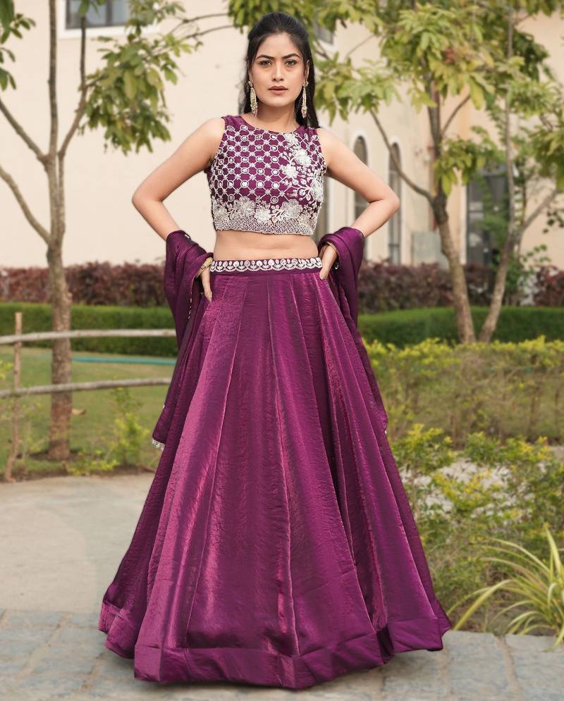 wine designer art silk fendy lehenga with premium beads work