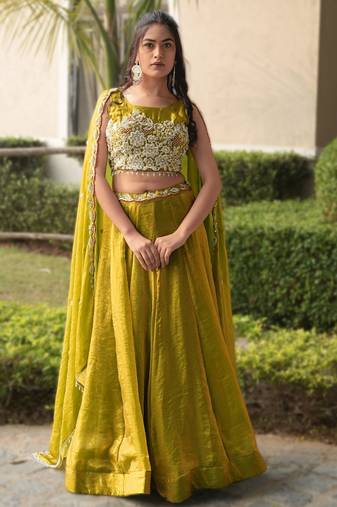 antique gold beads work art silk lehenga set for women