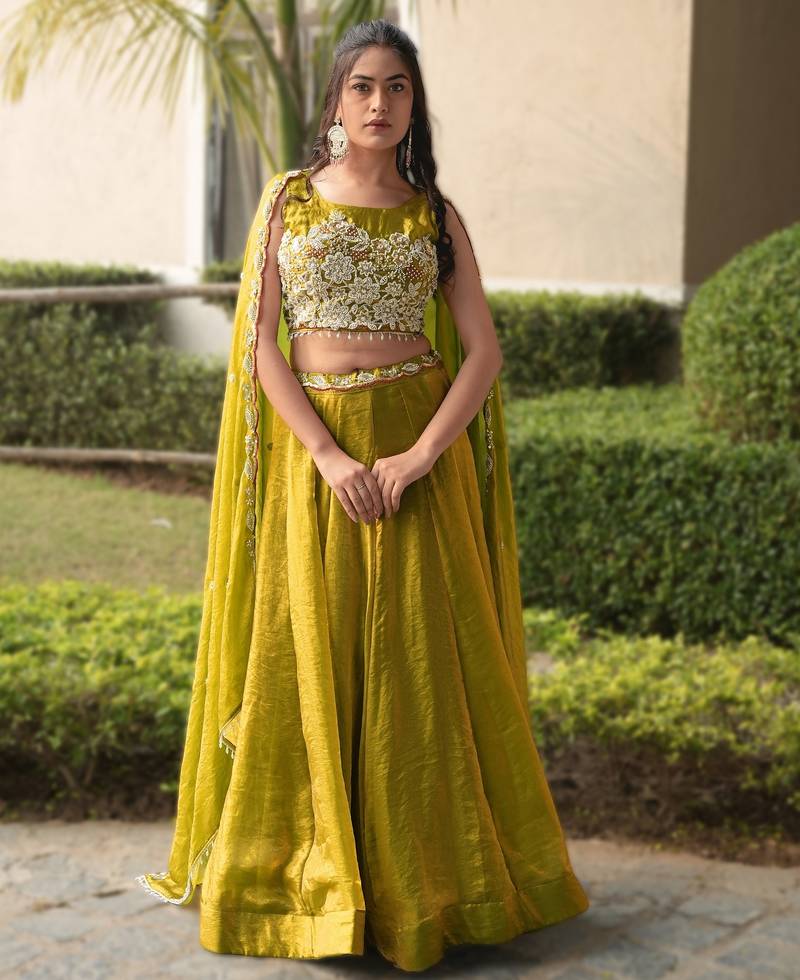 antique gold beads work art silk lehenga set for women