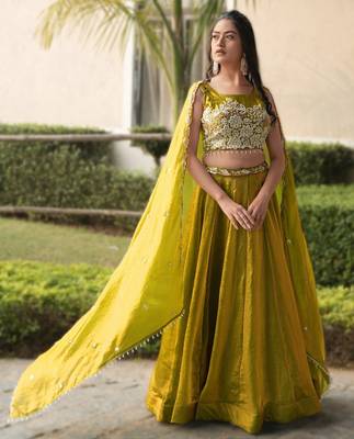 antique gold beads work art silk lehenga set for women 3