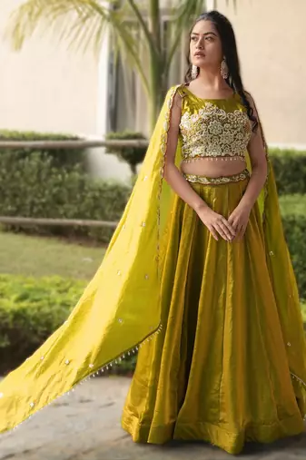 antique gold beads work art silk lehenga set for women