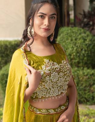 antique gold beads work art silk lehenga set for women 4