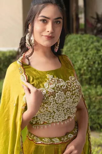 antique gold beads work art silk lehenga set for women