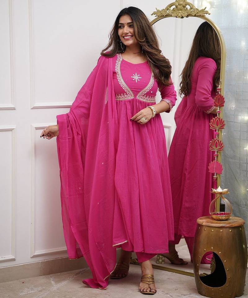 Embroidered Regular Pure Cotton Anarkali Kurta With Trousers & Dupatta