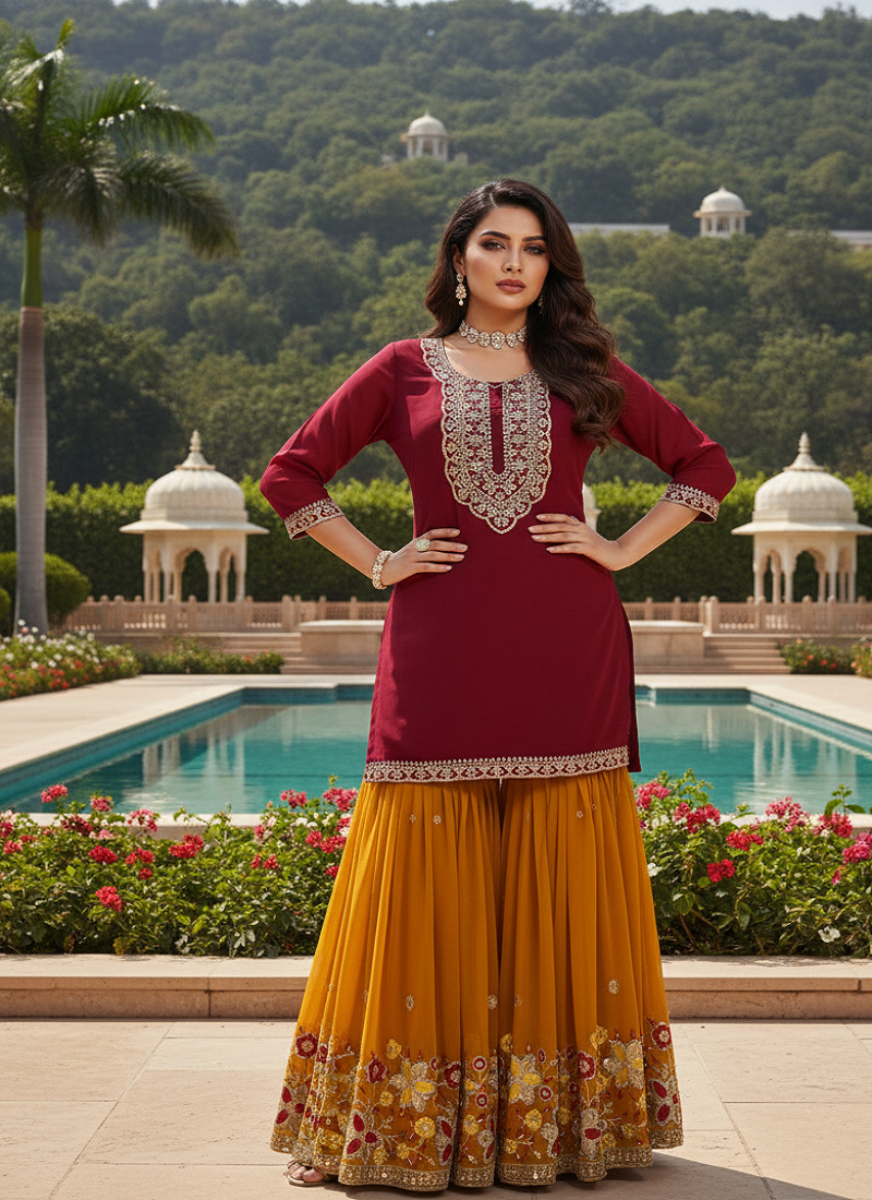 Marron faux georgette embroider work salwar suit