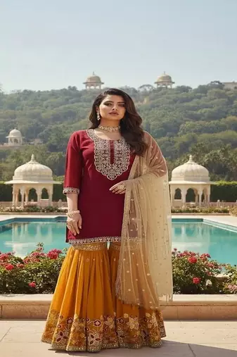Marron faux georgette embroider work salwar suit
