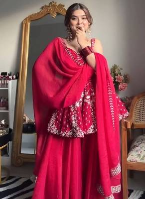 Pink faux blooming peplum sharara set with heavy sequins & multi zari thread embroidery 2
