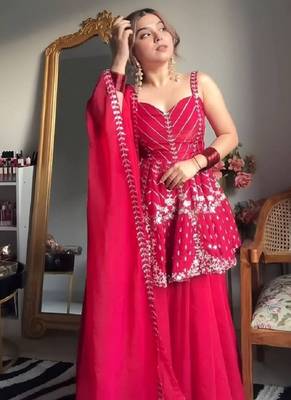 Pink faux blooming peplum sharara set with heavy sequins & multi zari thread embroidery 3