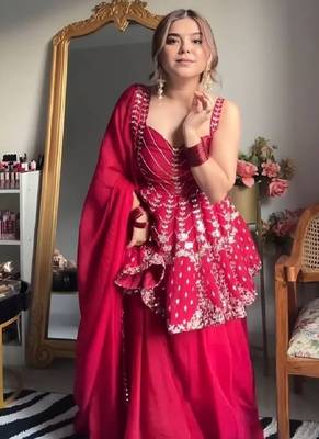 Pink faux blooming peplum sharara set with heavy sequins & multi zari thread embroidery 4