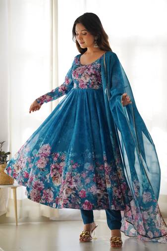 Blue organza anarkali set with floral print dupatta and pant