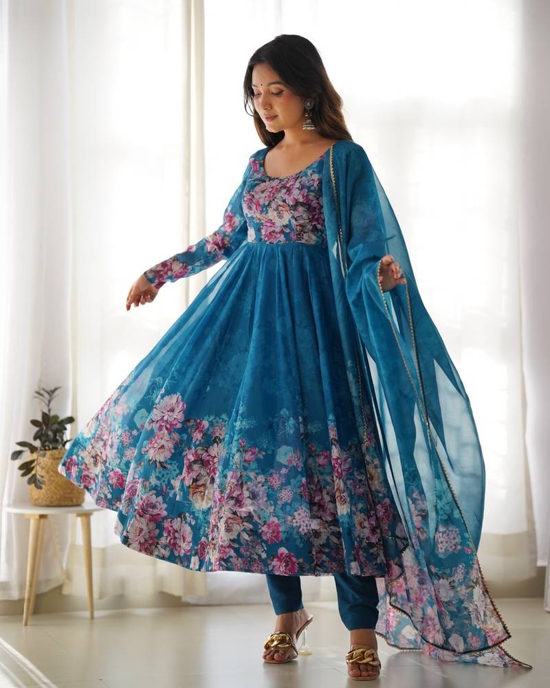 Blue organza anarkali set with floral print dupatta and pant