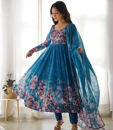 Blue organza anarkali set with floral print dupatta and pant