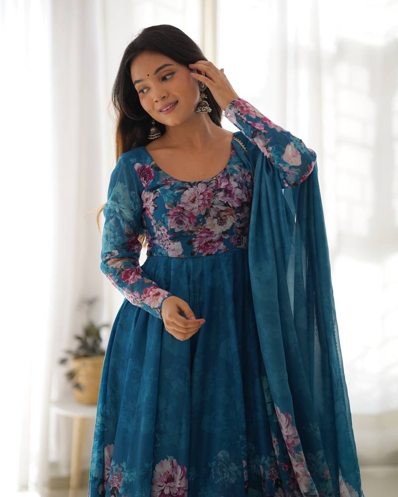Blue organza anarkali set with floral print dupatta and pant