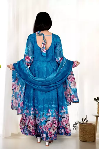 Blue organza anarkali set with floral print dupatta and pant