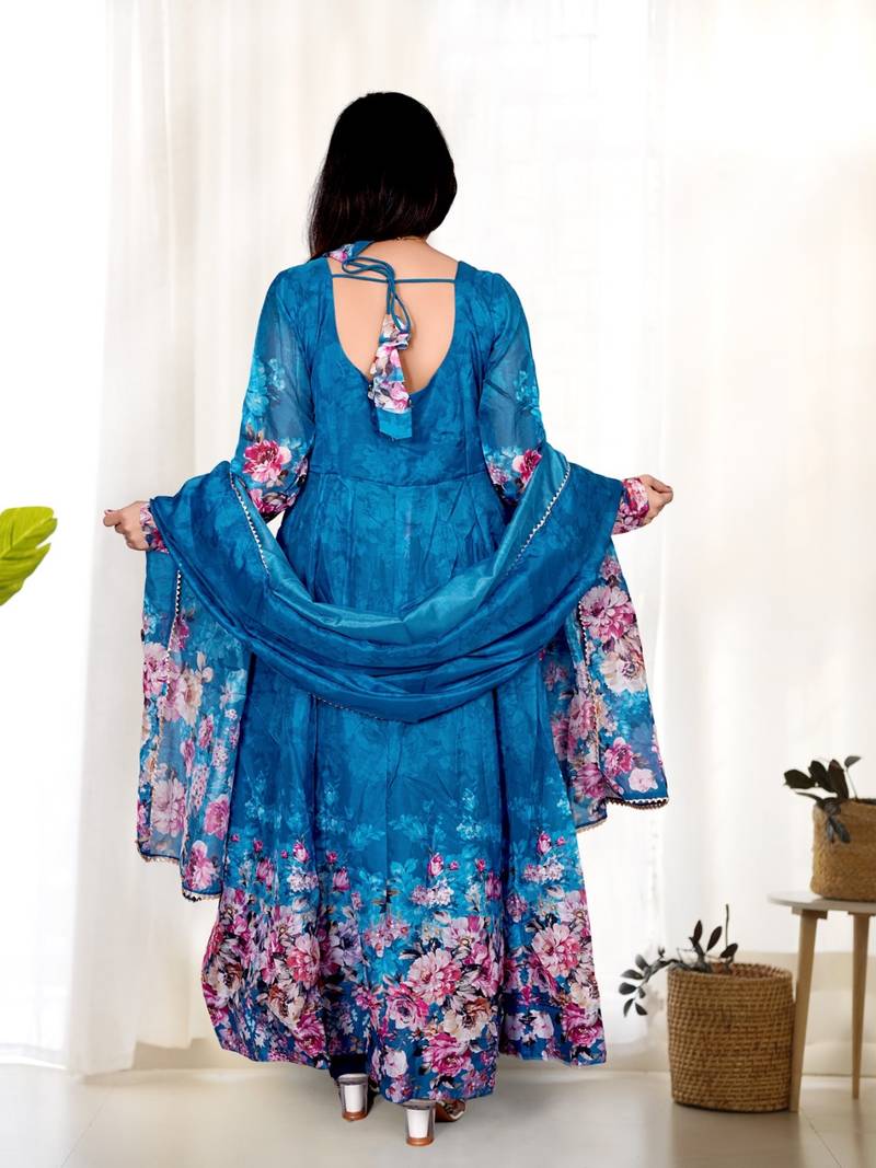 Blue organza anarkali set with floral print dupatta and pant