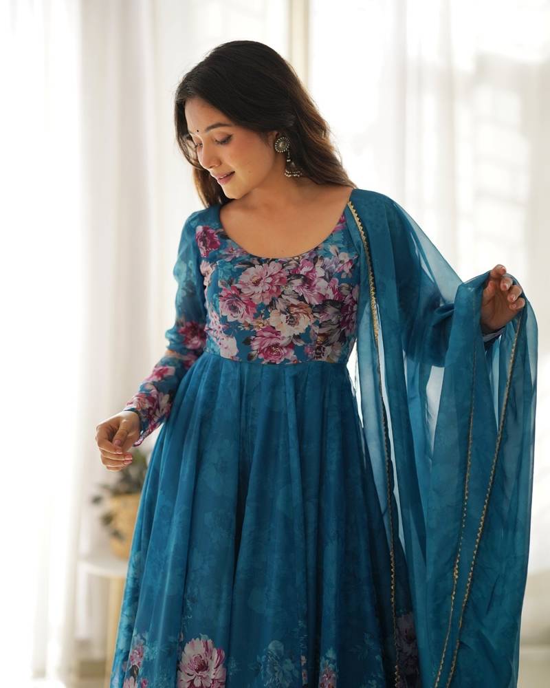Blue organza anarkali set with floral print dupatta and pant