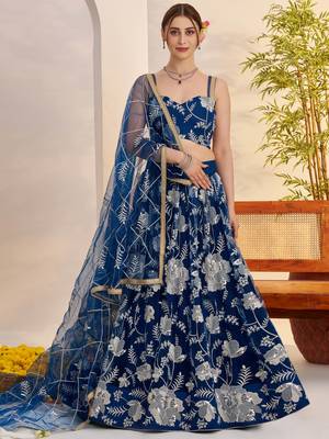 teal blue party wear thread embroidered net lehenga choli set 1