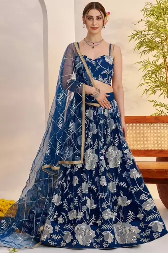 Awesome Teal Blue Thread Embroidered Net Party Wear Lehenga Choli