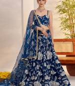 Awesome Teal Blue Thread Embroidered Net Party Wear Lehenga Choli